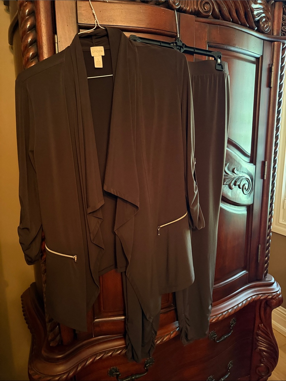 Chico's Dark Brown Draped Open-Front Jacket with Pull-On Joggers